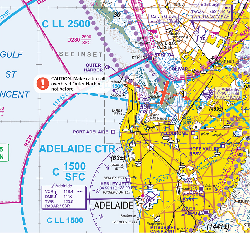 Visual Terminal Chart with an illustration of an aircraft tracking from the north-west via Class G towards the arrival point Parafield aerodrome. Includes a caution to make a radio call overhead Outer Harbor not before.